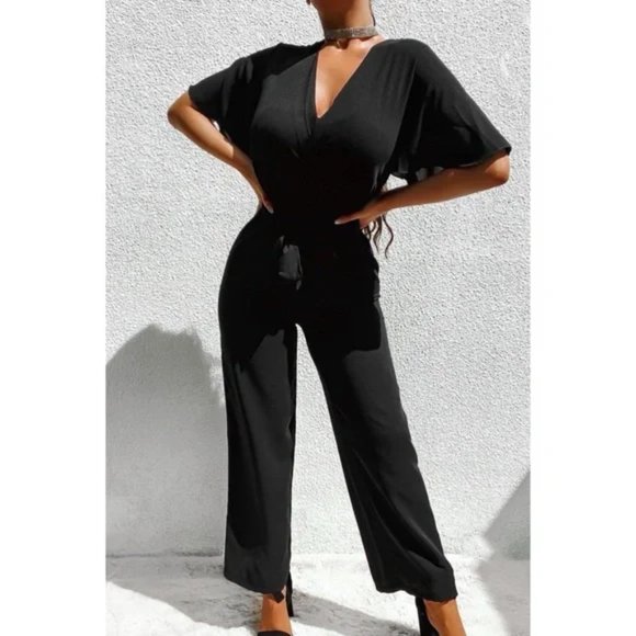 Black Short Sleeve V-Neck Loose Fit Wide Leg Jumpsuit Playsuit - Picture 7 of 10